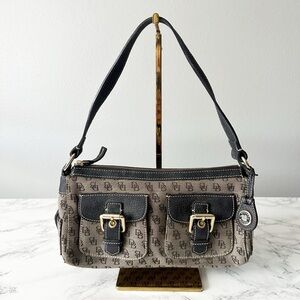 9. Dooney & Bourke Signature Logo Canvas Buckle Pocket Y2K Leather Shoulder Bag